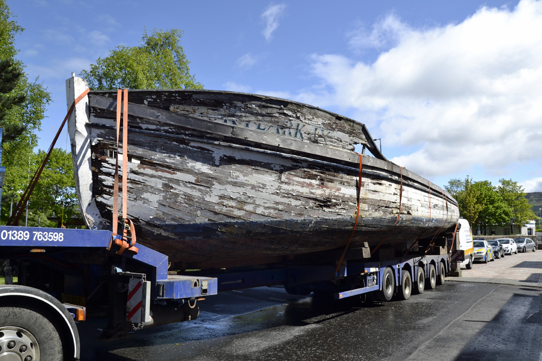 Skylark being transported from Dumbarton to Greenock's Maritime Museum