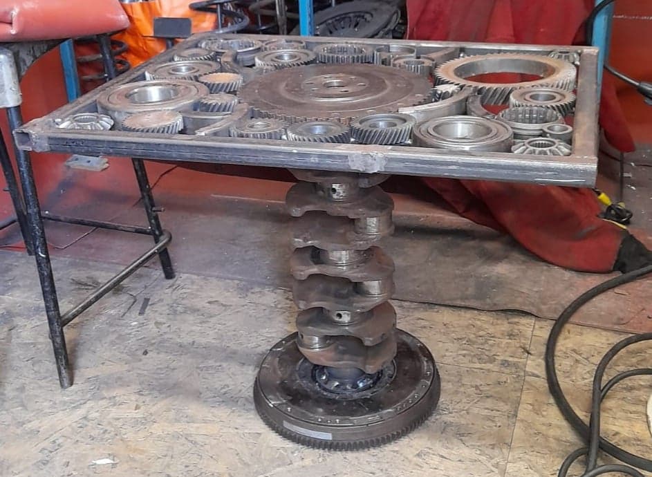 photographs of table made from a crankshaft