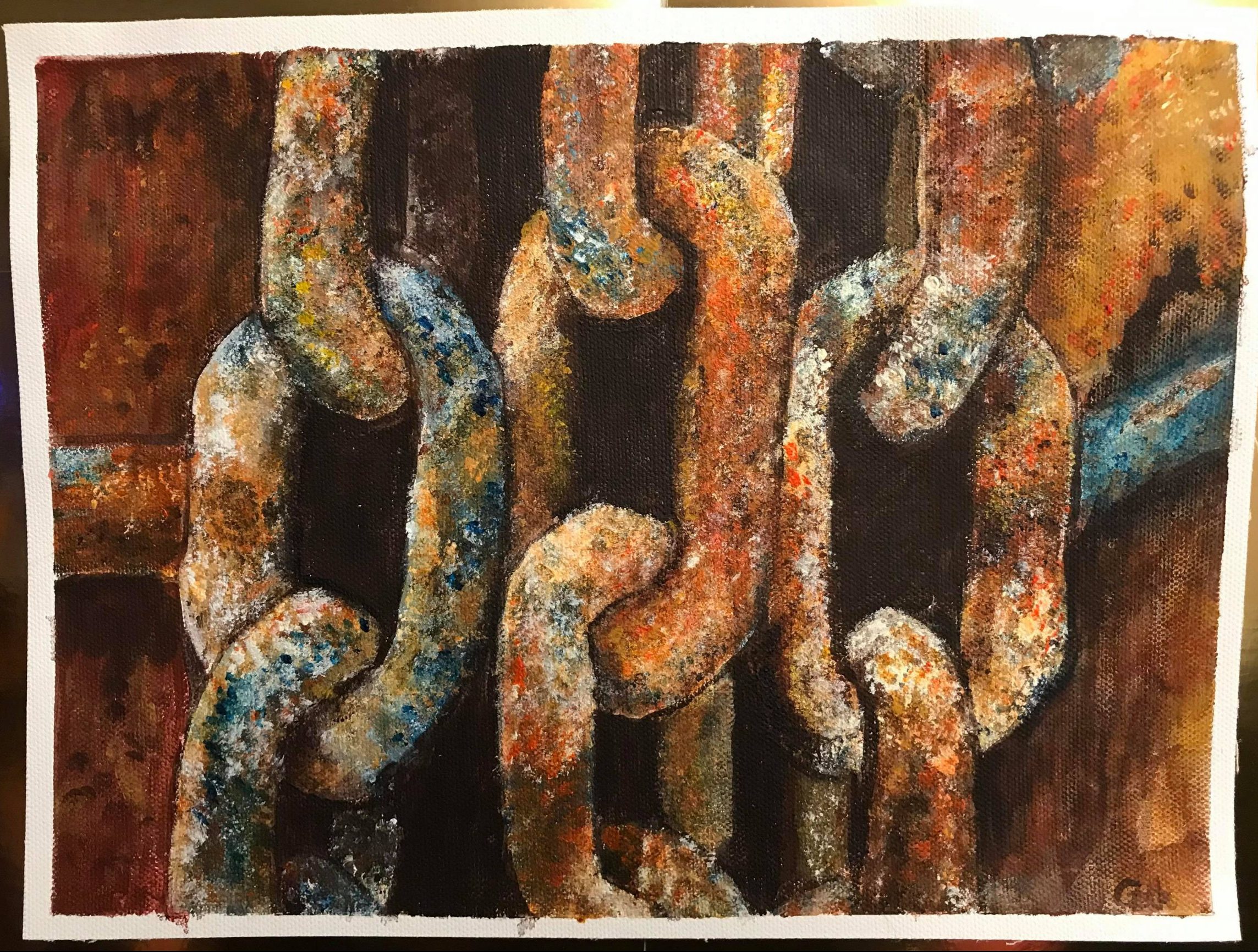 A painting of rusting chains