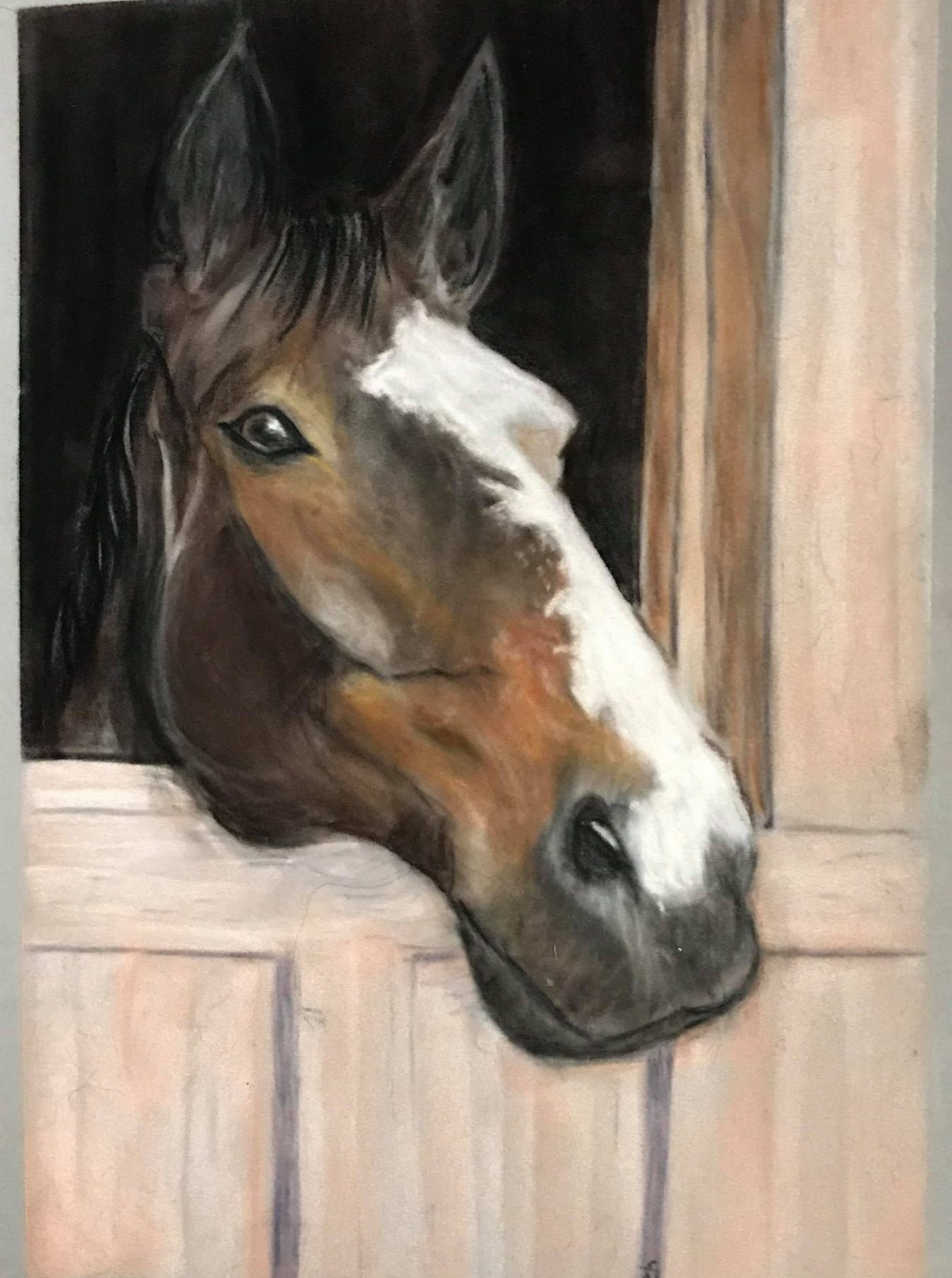 A painting of a horse looking through a barn door