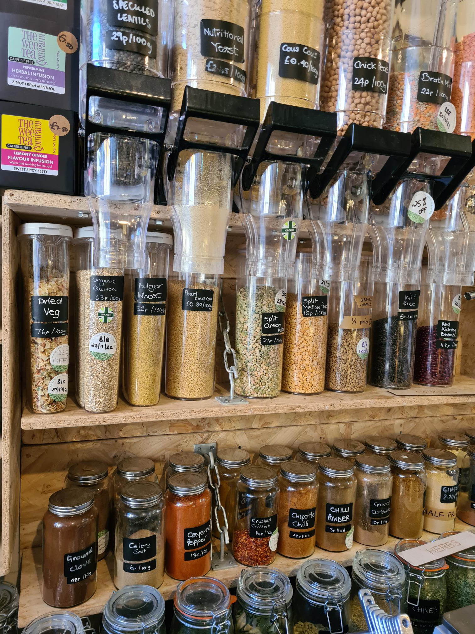 Self-serve containers filled with dried foods