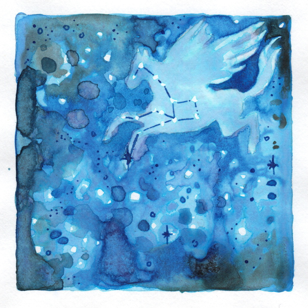 A square water-colour painting, blue washes of colour creating the outline of the Pegasus constellation in the sky.