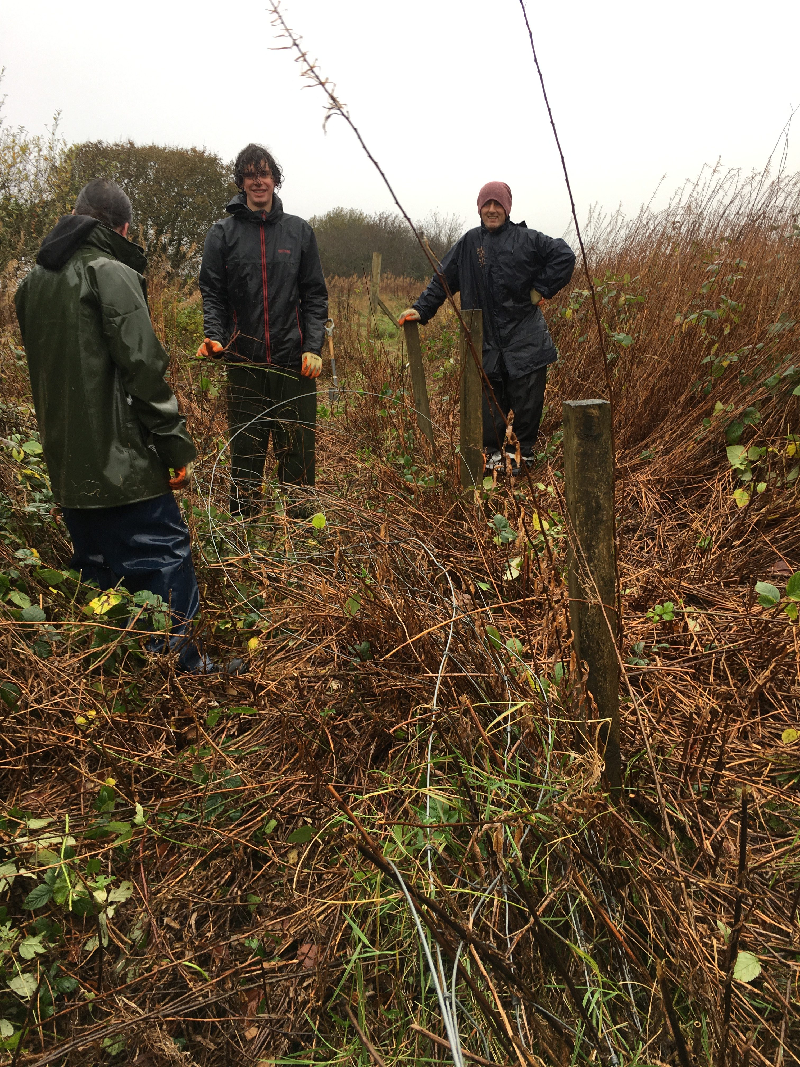 3 guys dressed in outdoor clothing standing amongst an overgrown grassy area, all smiling.