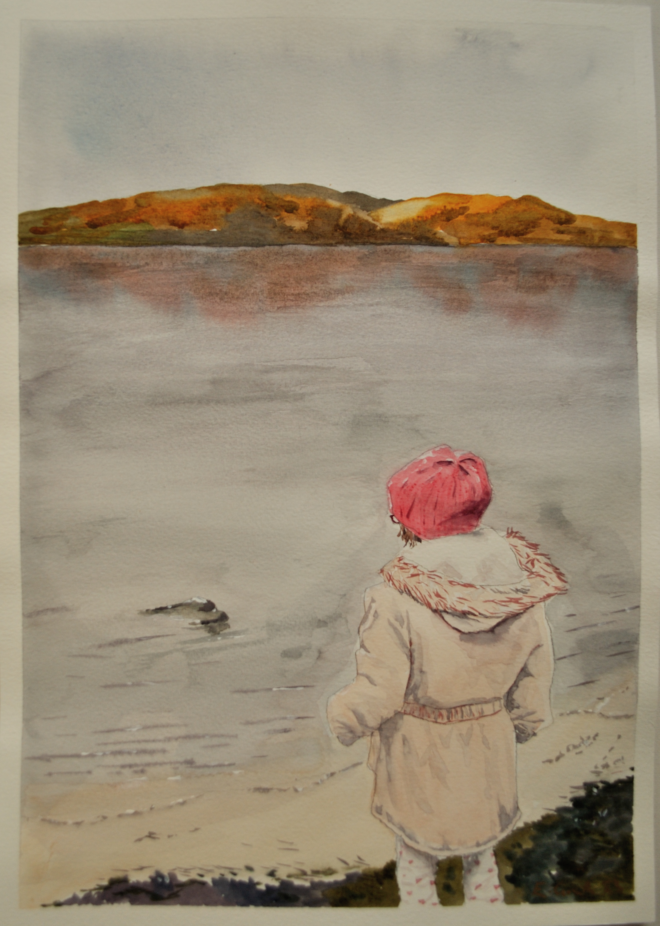 watercolour painting of girl at loch lomond