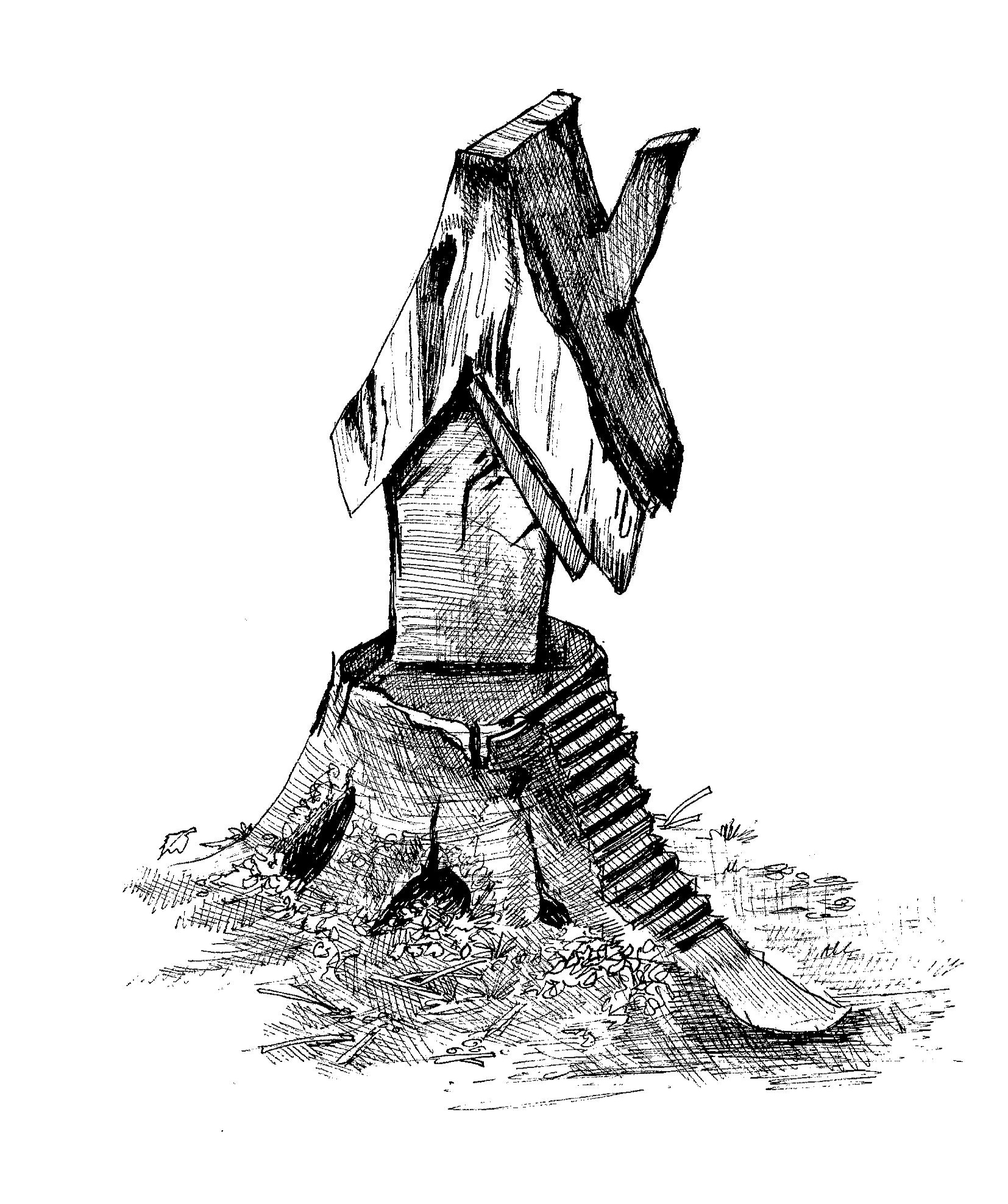 black and white drawing of a fairy house carved into a tree stump