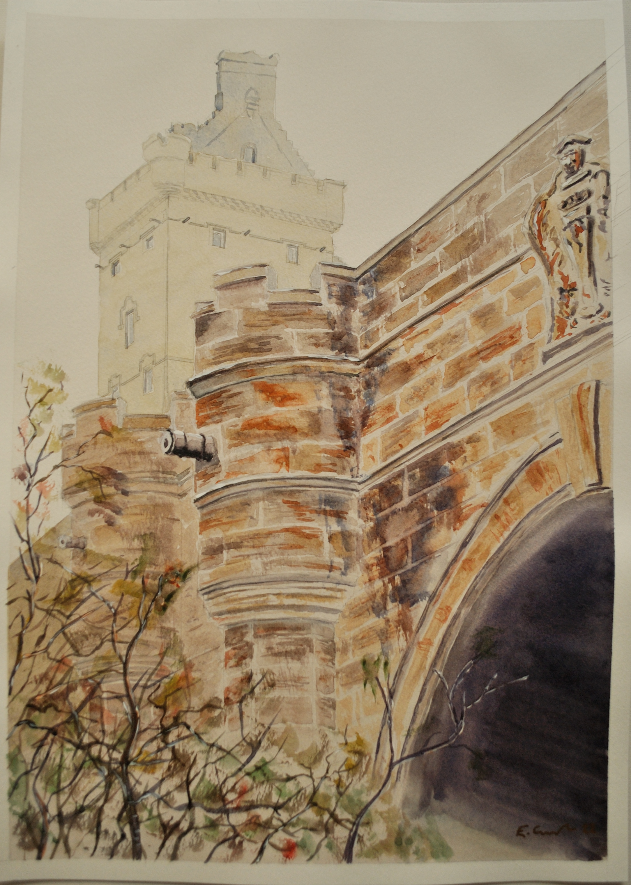 watercolour painting of Overtoun Bridge and House