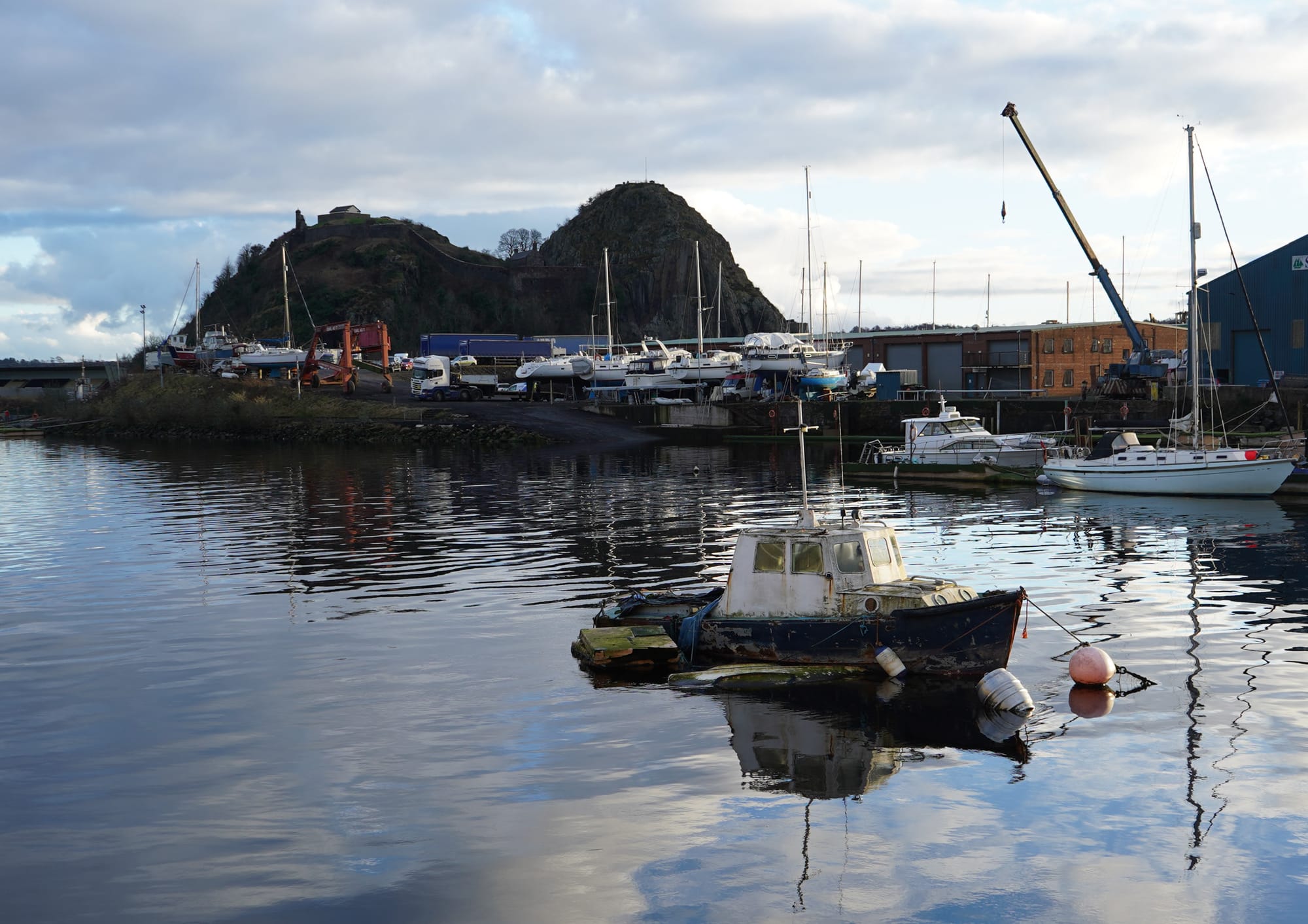 Boats on the River Leven with Dumbarton Rock in the background