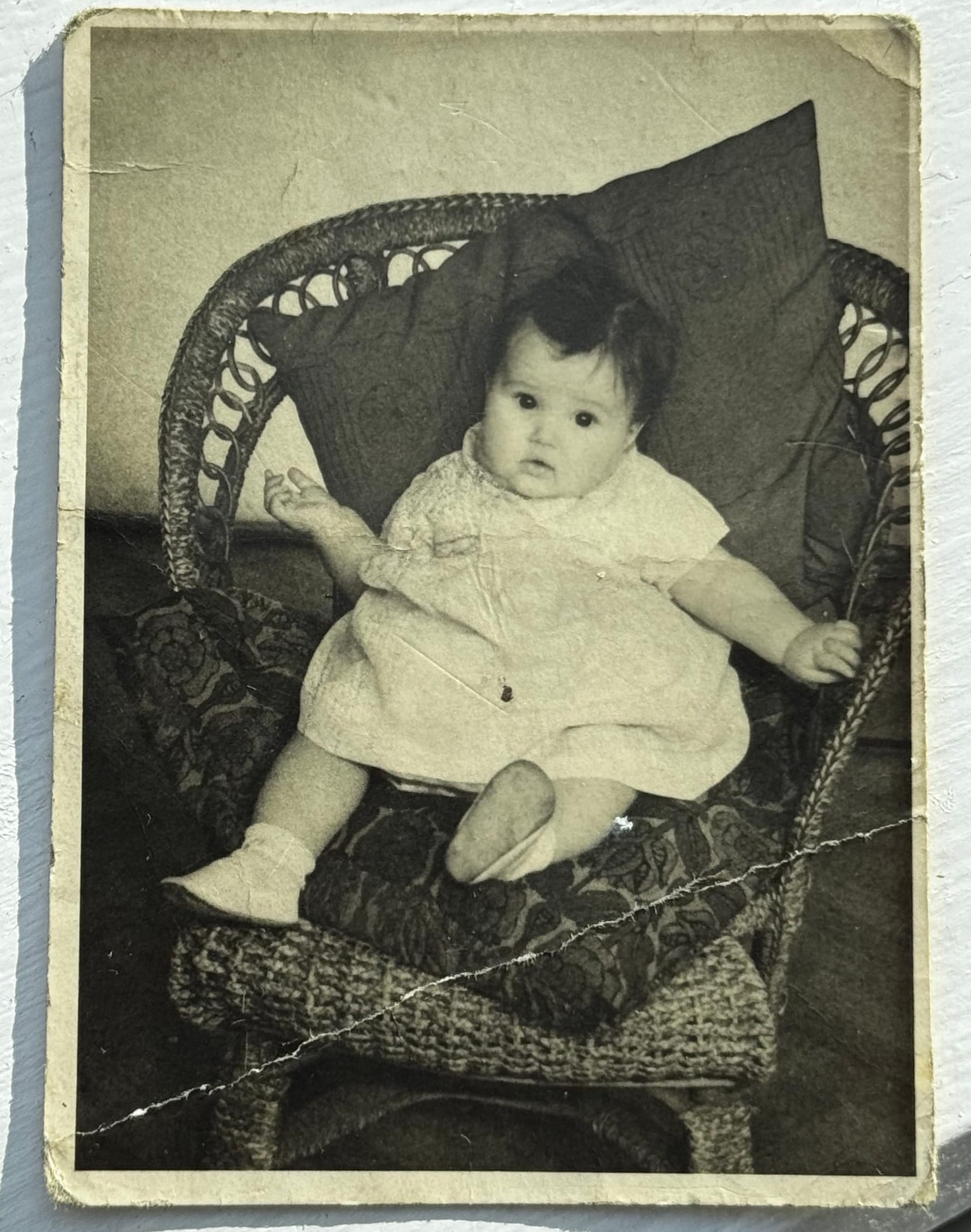 black and white photo of Mary as a baby