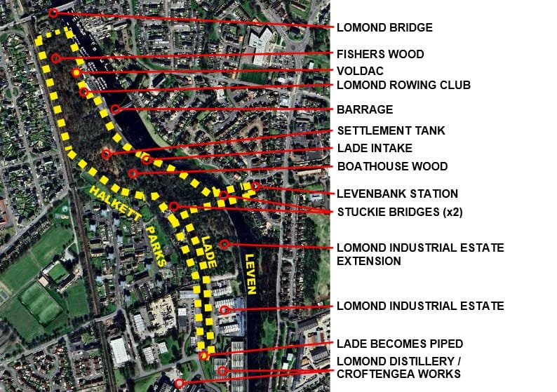 aerial view of a section of the River Leven and some of the notable historical landmarks surrounding it