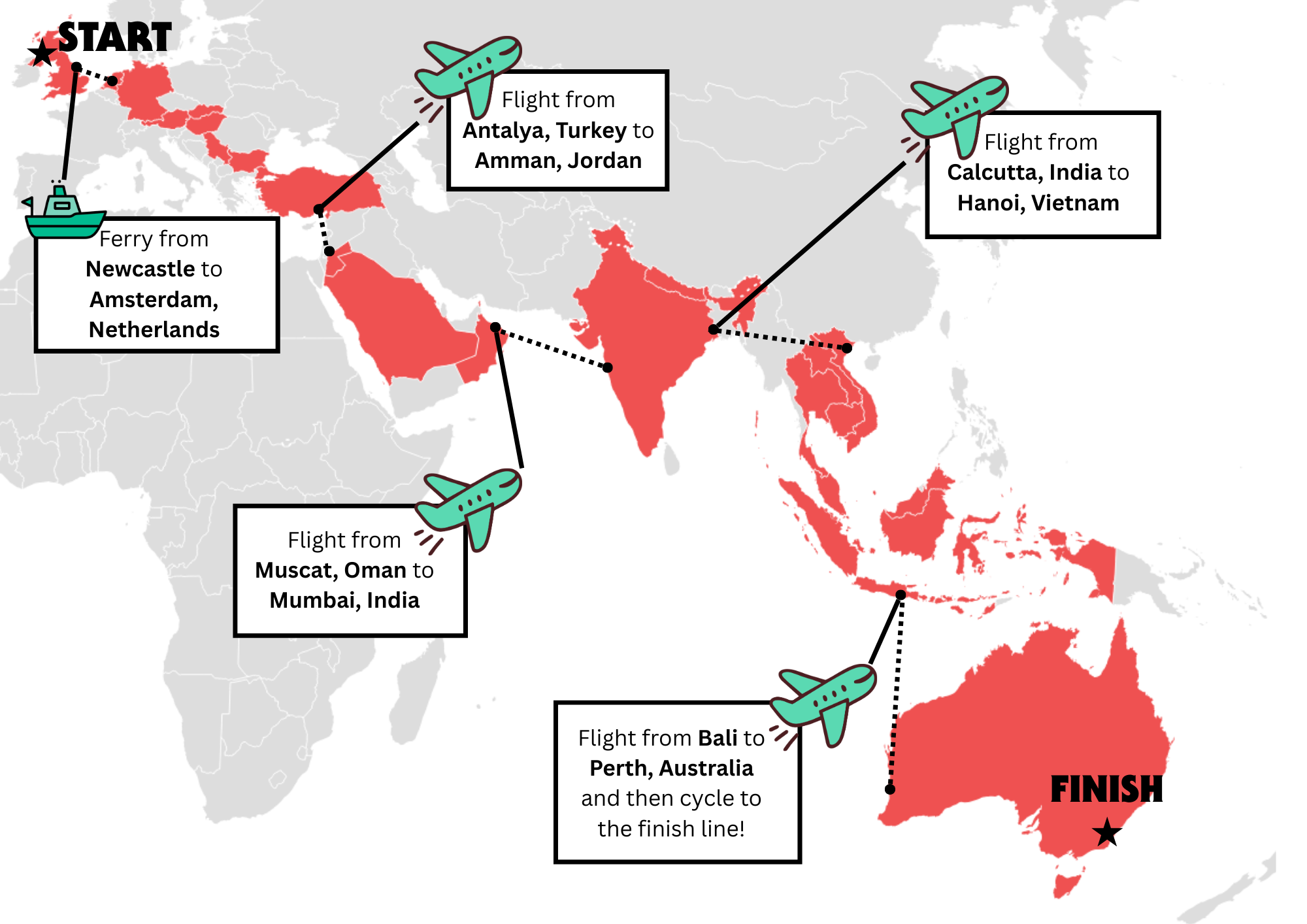 Map of the route Connor is cycling