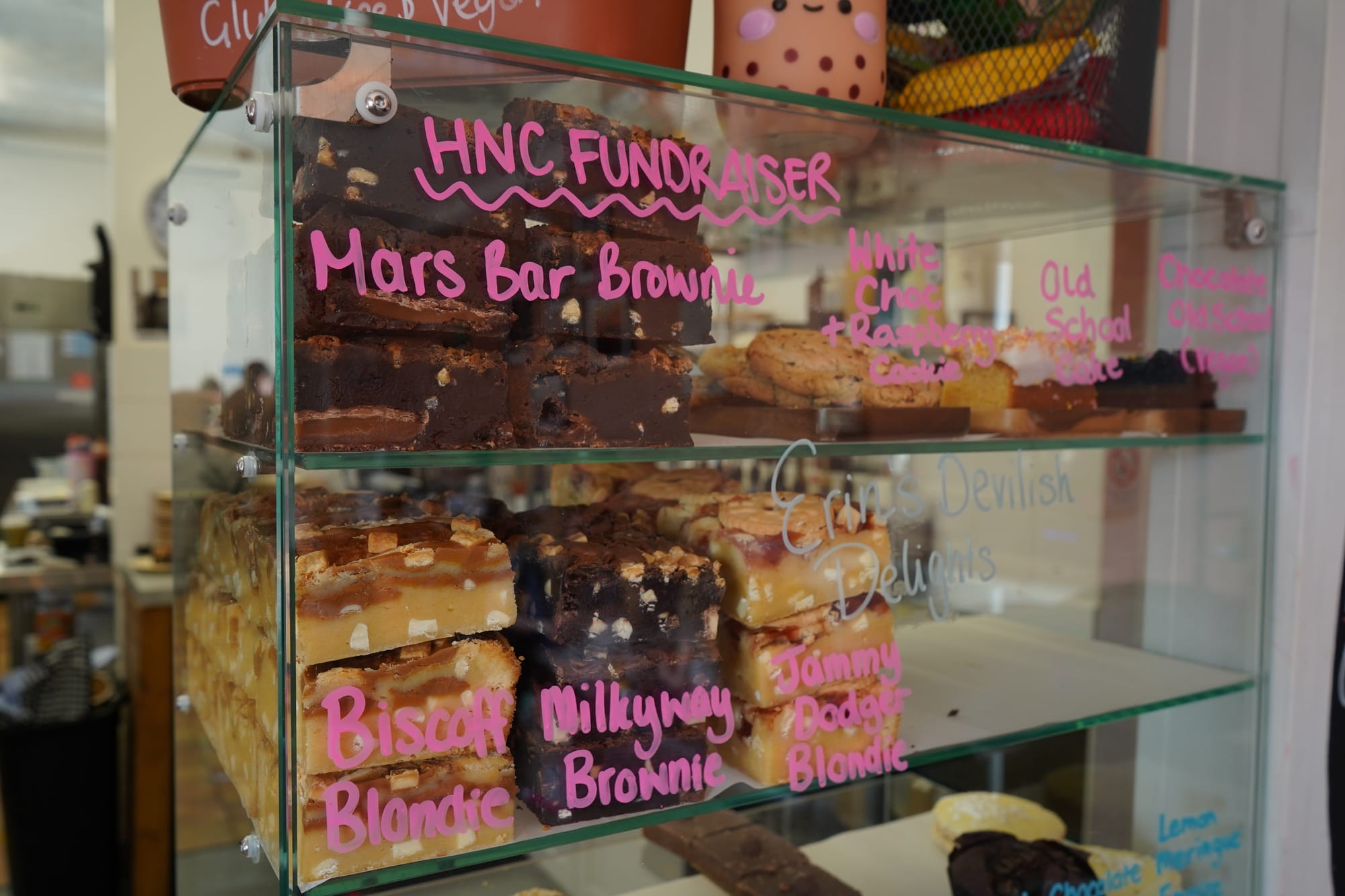 close up photo of the cake display cabinet on the counter