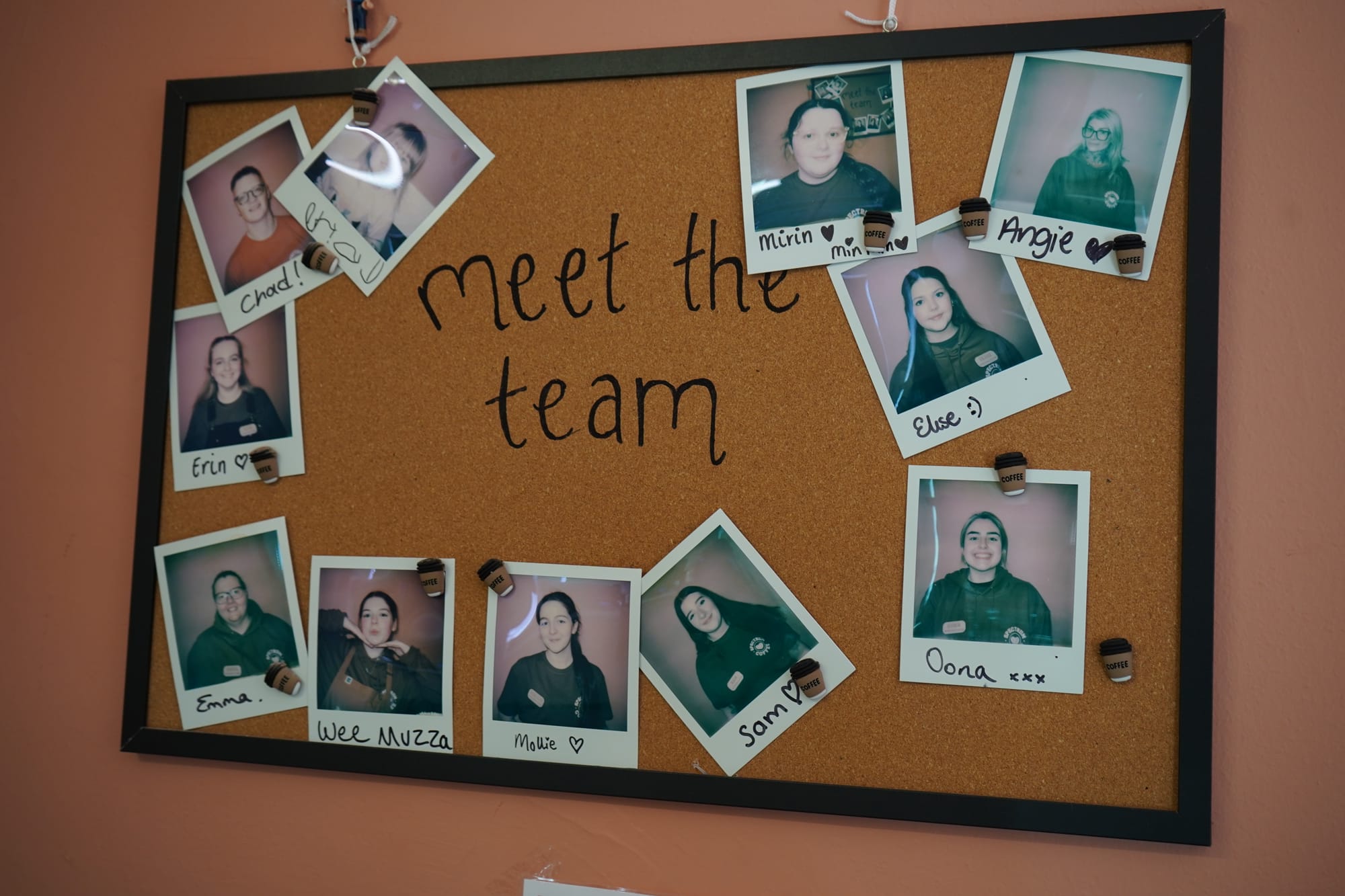 pin board saying "meet the team" with 11 polaroid photographs of team members pinned on it